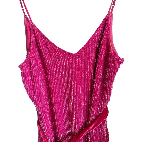 NWT Retrofête Claire Beaded Sequin Hot Pink Barbiecore Tie Waist Mini Slip Dress - Picture 7 of 12